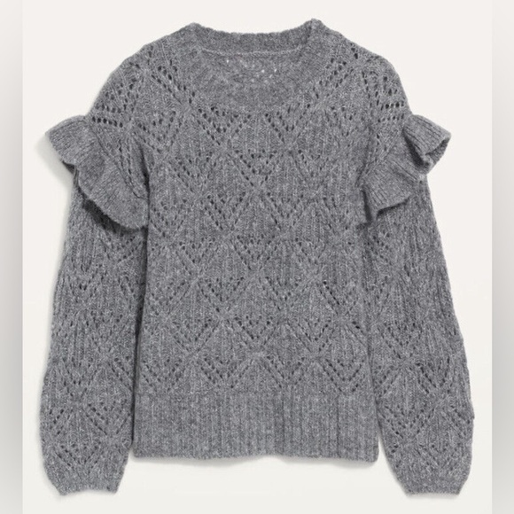 OLD NAVY Pointelle Knit Ruffle Sleeve Crewneck Sweater in Gray Size S Tall NWT - Picture 1 of 9